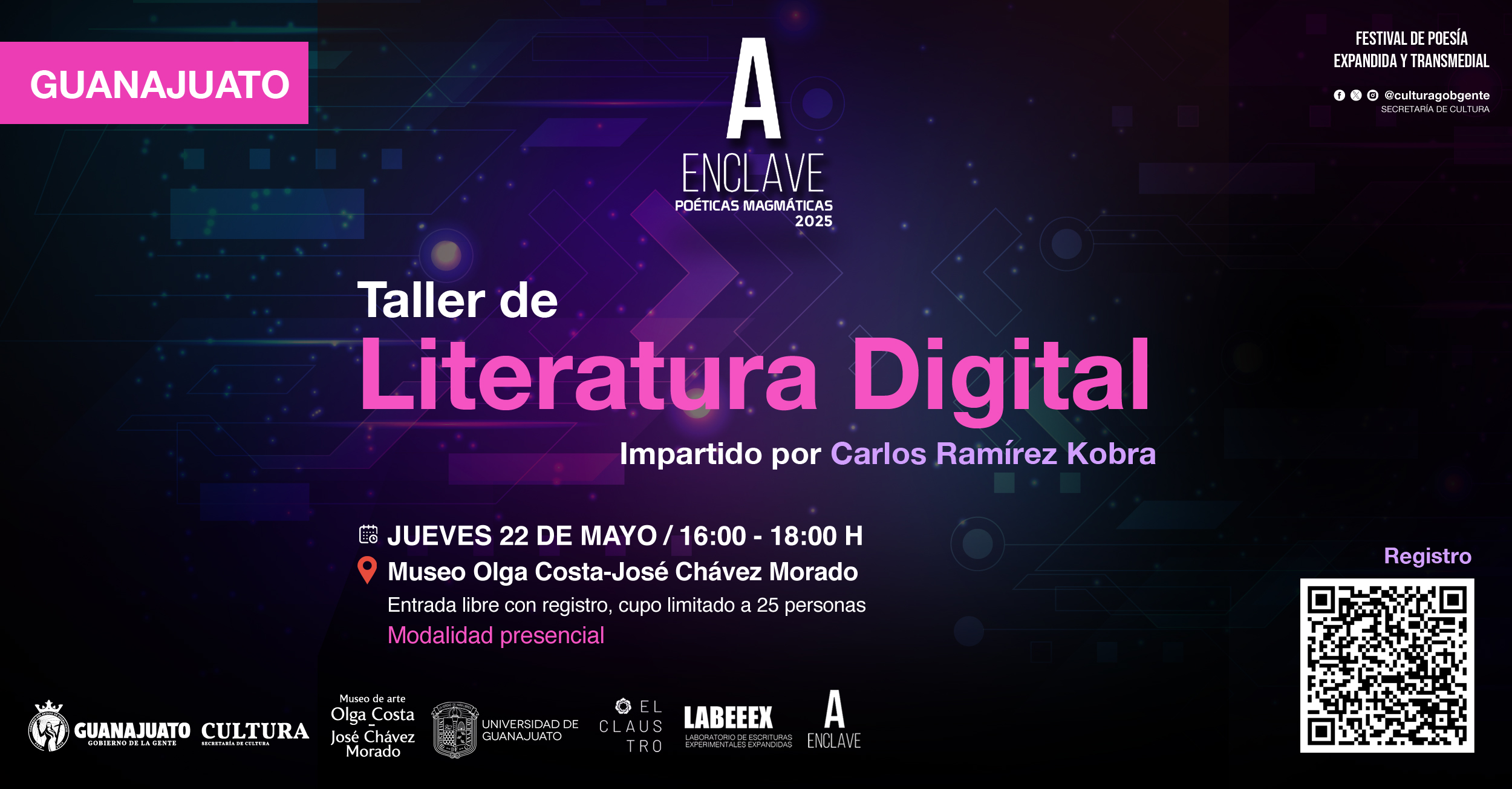 La Secretaría de Cultura de Guanajuato continúa con Enclave 2025. Poéticas magmáticas. Festival de Poesía Expandida y Transmedial, ahora en Celaya, Guanajuato capital y Salamanca con literatura digital y poesía expandida
