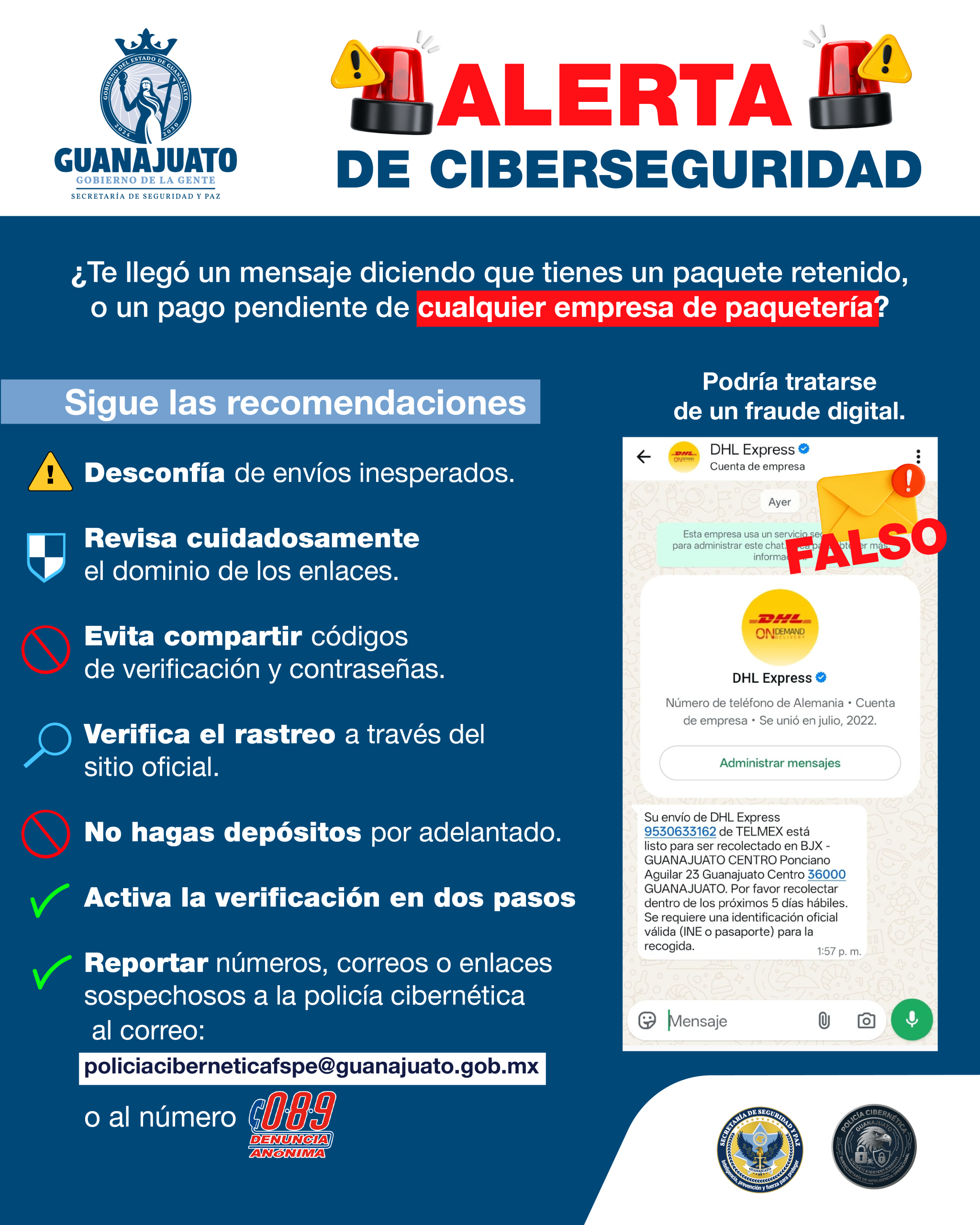 Alerta Secretaría de Seguridad y Paz sobre fraudes digitales que suplantan servicios de paquetería y mensajes del SAT 