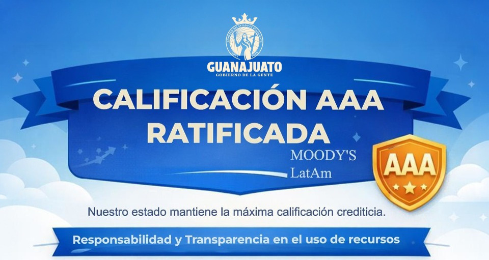 Seguimos dando resultados: La calificadora Moody´s ratifica la máxima calificación crediticia a Guanajuato “AAA”