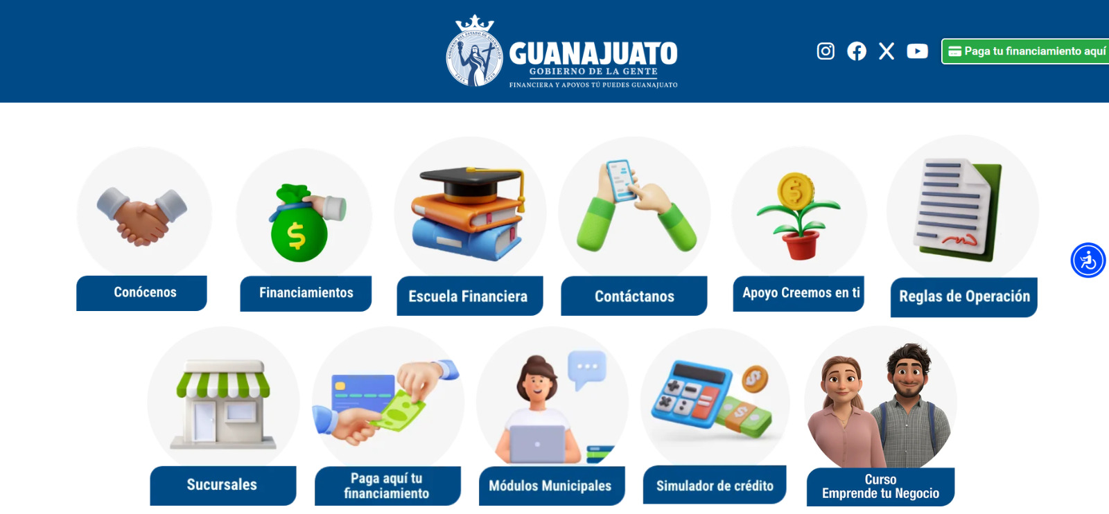 En el portal institucional se puede encontrar la información necesaria para solicitar un crédito, realizar el pago de financiamientos en línea, capacitación continua, un simulador de crédito, la ubicación de sucursales y módulo de atención en una sola interfaz accesible para los guanajuatenses.