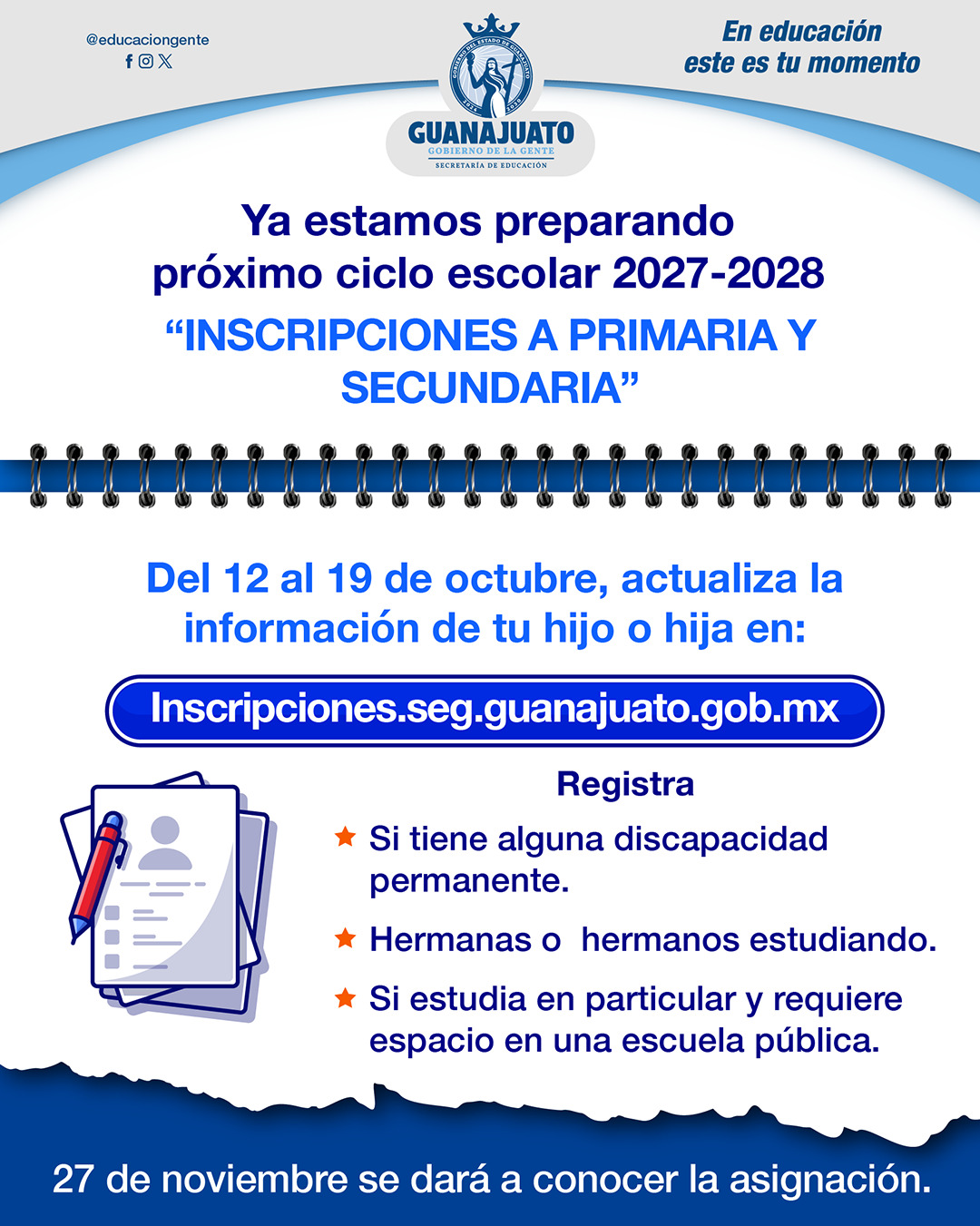 Abre SEG periodo de actualización de datos para inscripciones a primaria y secundaria